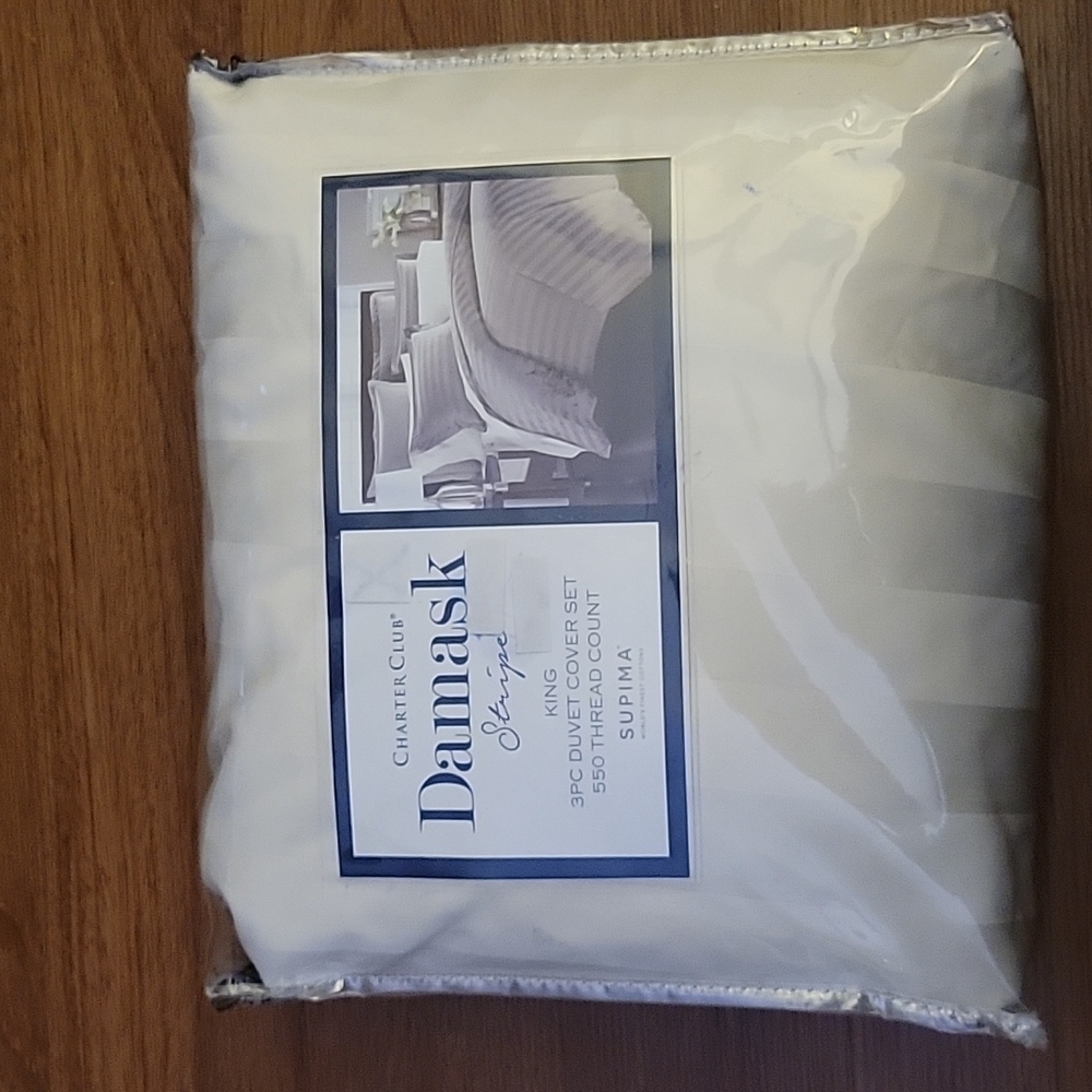 Charter Club Damask Ivory Stripe King 3pc Duvet CoverSet Supimacotton 550TC New…